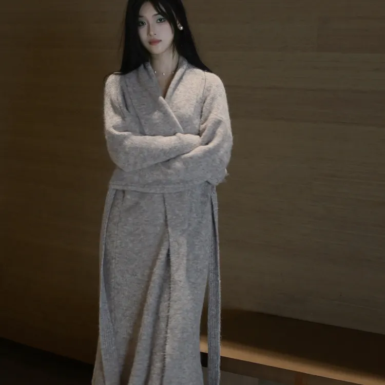 仙子10上新秋冬慵懒风毛衣针织开衫高级灰奶灰色气质长款浴袍