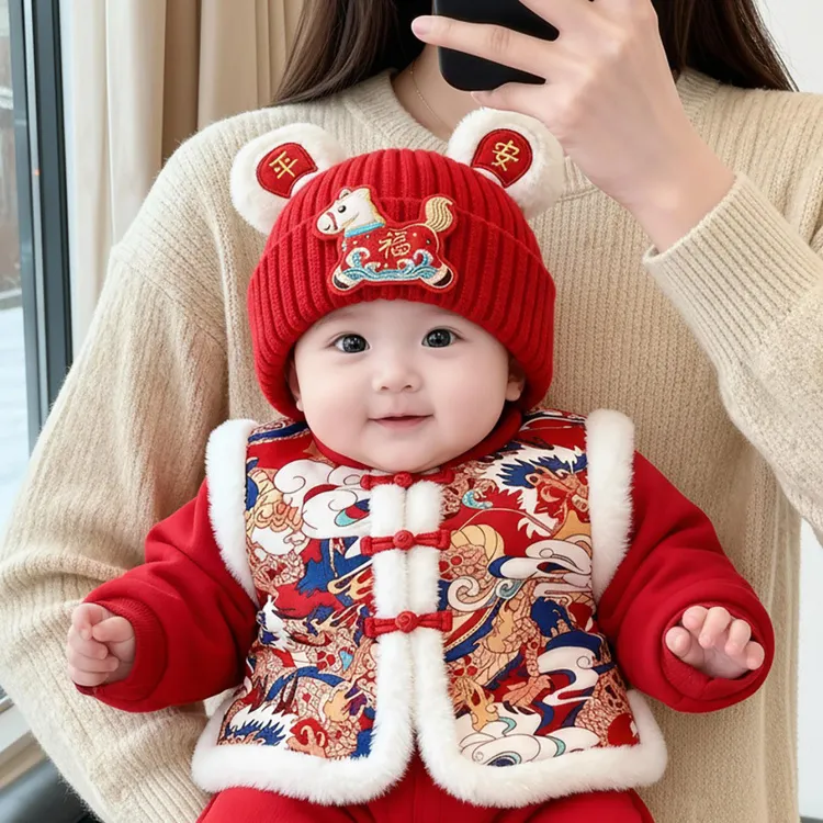 宝宝红色新年帽子秋冬季保暖加厚针织毛线帽男婴女儿童喜庆套头帽