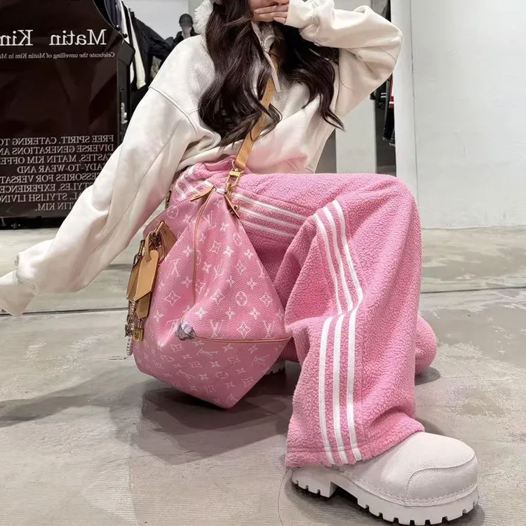 美式休闲加厚摇粒绒运动卫裤女冬季潮流侧边条纹阔腿裤宽松束脚裤