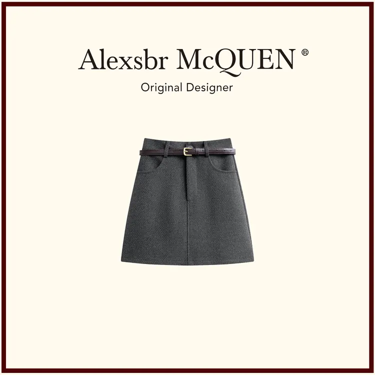 YDD•「送皮带」毛呢半身裙女款新款灰色半裙上档次短裙a字裙子秋冬