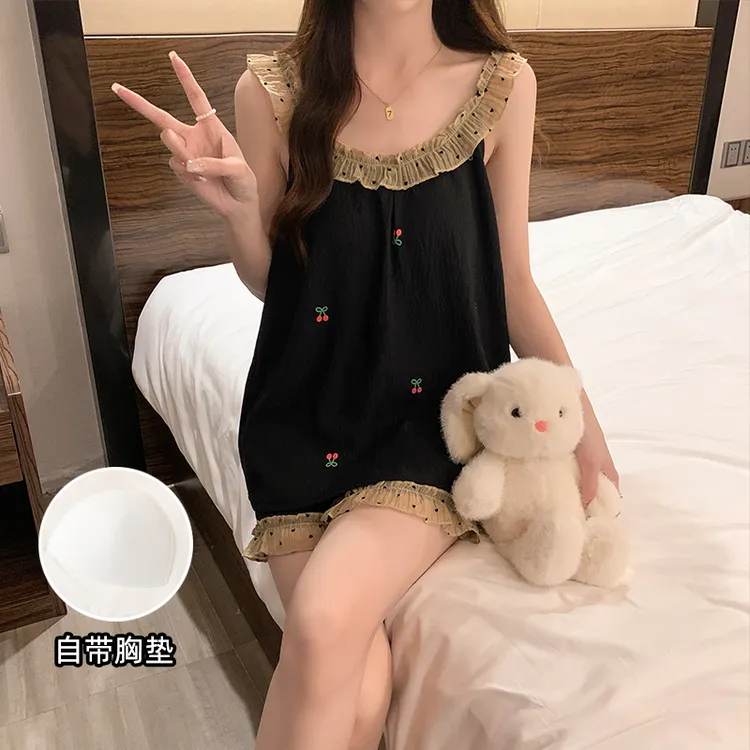 夏季新款女带胸垫梭织云朵棉蕾丝公主风家居服套装吊带睡衣短裤