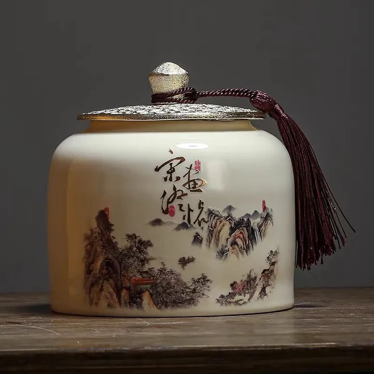 茶叶罐陶瓷防潮密封储物罐红茶绿茶普洱茶罐子仿古山水罐