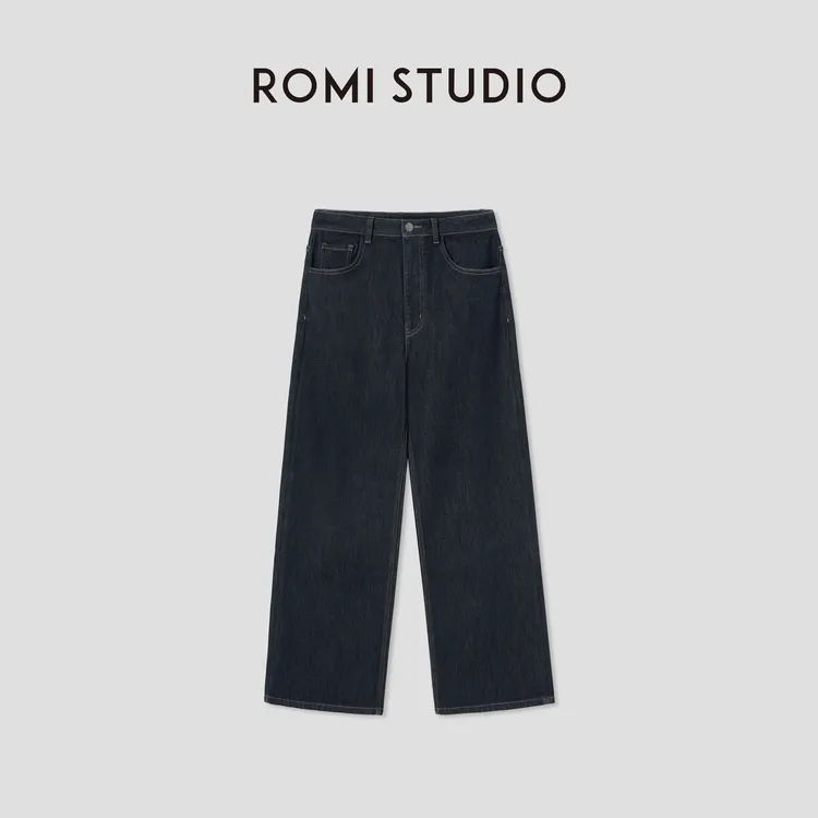 ROMI STUDIO“莱卡丹宁”莱卡棉弹力加绒宽松直筒牛仔裤RW24AX80727
