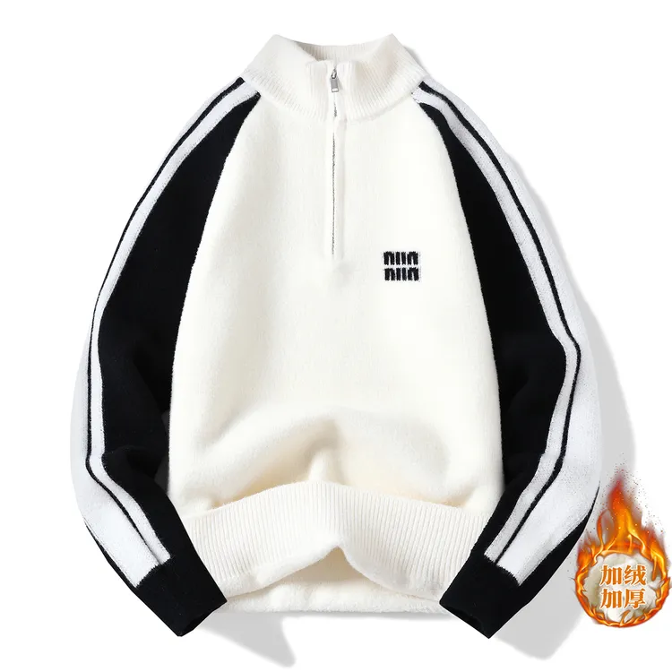 2025冬季新款青少年加厚一体绒毛衣半高领保暖针织衫高初中男生