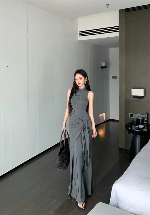 计感气质高级背心连衣裙修身假两件包臀辣妹长裙#22679