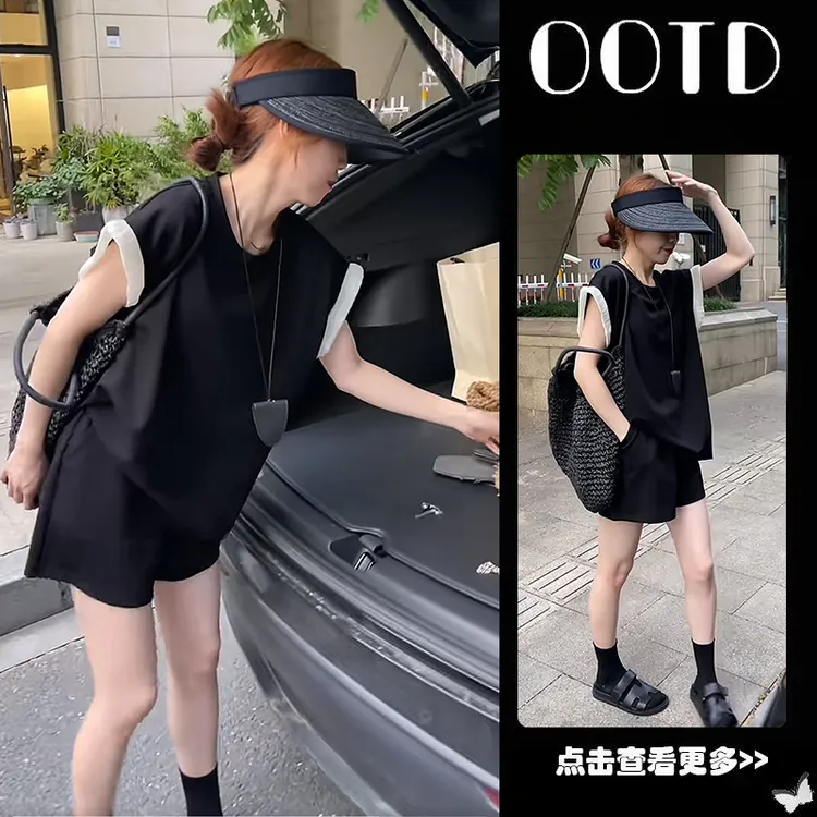 【现货】超火夏季穿搭一整套女2025年撞色飞飞袖T恤高腰短裤两件套