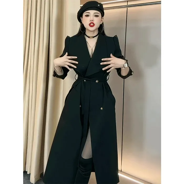 2024黑色大衣外套女高级感气质洋气显瘦收腰中长款风衣外套上衣女