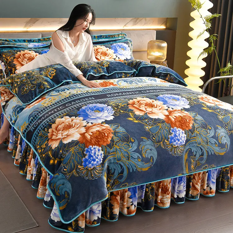 【超巨厚】9-10斤加厚牛奶绒四件套加绒床裙印花超柔双面绒保暖被套