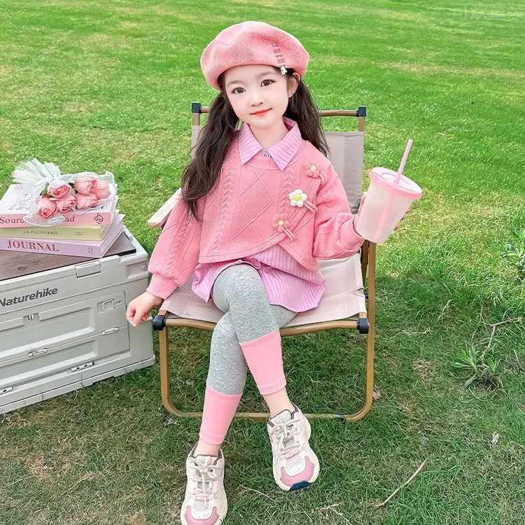 女小童假两件衬衫套装春秋款宝宝洋气打底裤秋装小女孩花朵两件套
