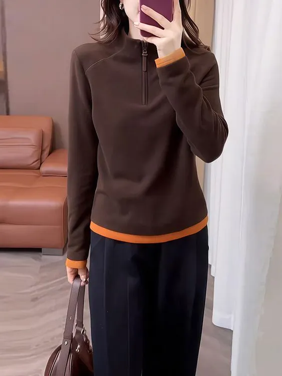 欧货设计感半拉链拼色德绒长袖卫衣女2025秋冬磨毛保暖打底衫上衣