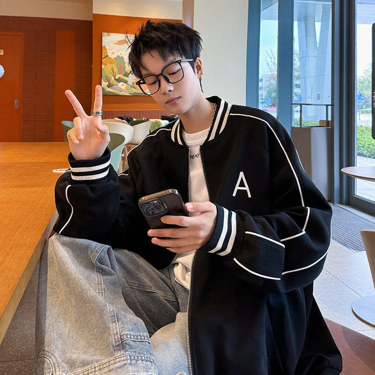 美式复古刺绣棒球服男春秋2025新款拉链开衫卫衣潮牌重磅黑色