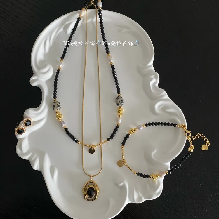 钛钢项链 铜合金项链颈链美拉德风虎眼石串珠手工轻奢气质锁骨链