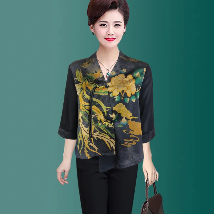 新中式时尚妈妈装中袖夏季桑蚕丝唐装小衫复古印花大码洋气衬衫