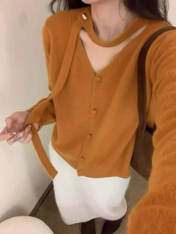 秋冬新款韩版V领飘带挂脖打底针织衫女兔毛时尚毛衣9373