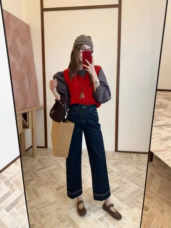 新款高腰刺绣九分直筒裤女2025秋季大码胖mm弹力修腿显瘦牛仔裤