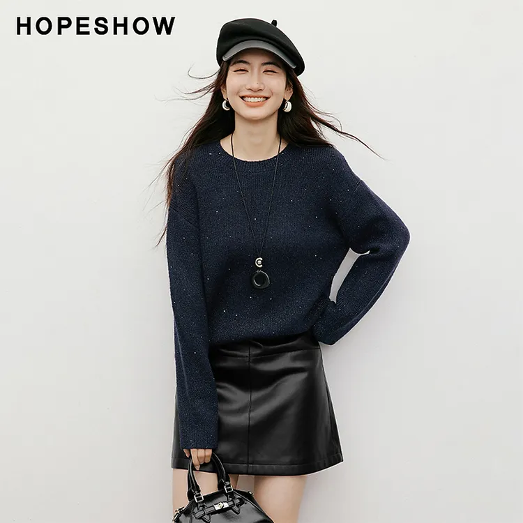 红袖2025冬新款女装 亮丝珠片落肩长袖圆领套头针织衫90125380109