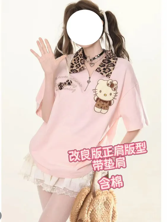 【雯雯子定制】2025夏季新款大码女装宽松豹纹减龄甜美风翻领短袖