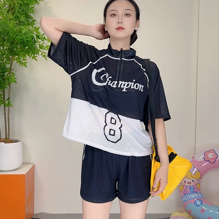 夏季大码泳衣女宽松速干休闲短袖遮肉显瘦学生款胖mm泡温泉游泳装