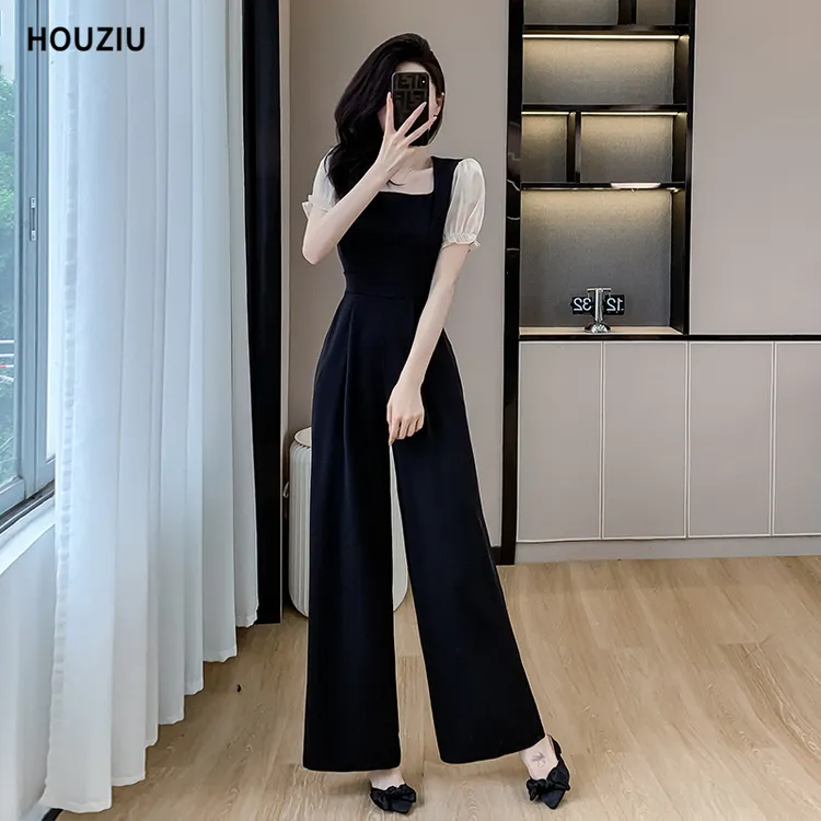 法式名媛连体裤女夏季2025新款气质显瘦高级感黑色拼接阔腿连衣裤