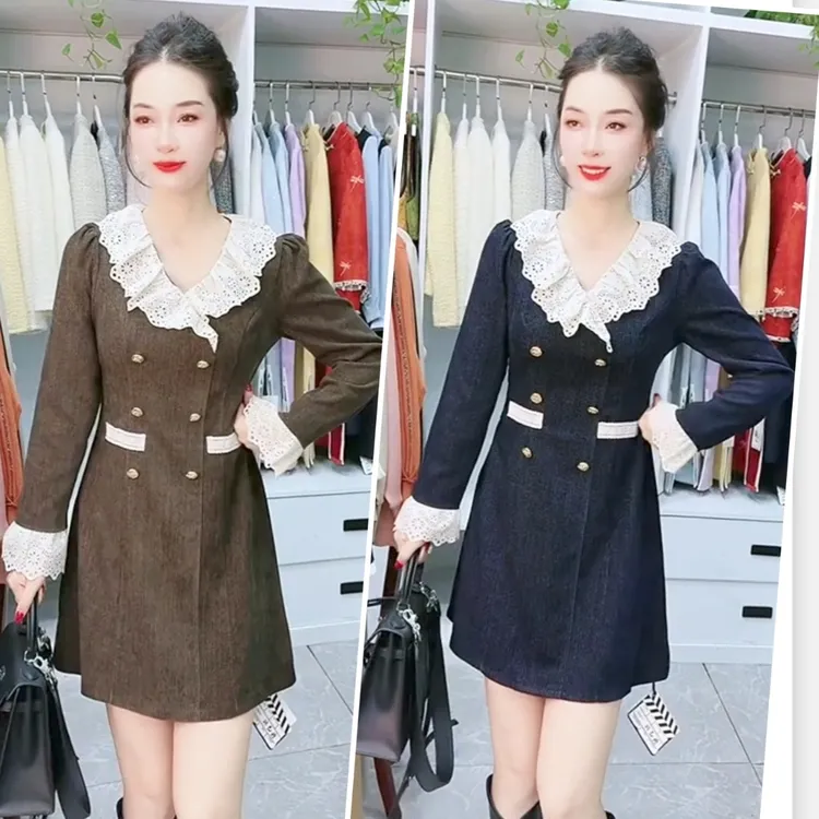 欧韩荷叶V领西服设计连衣裙长袖翻领中长款显瘦轻熟时尚洋气女士