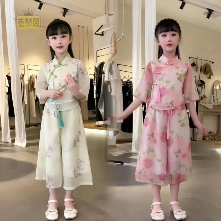 清新气质女童汉服两件套夏季新款聚酯纤维材质时尚淡雅国风童装