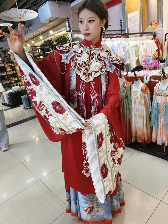 直裰汉服明制四季印花重工气质金丝成人时尚立领外衣红色大袖