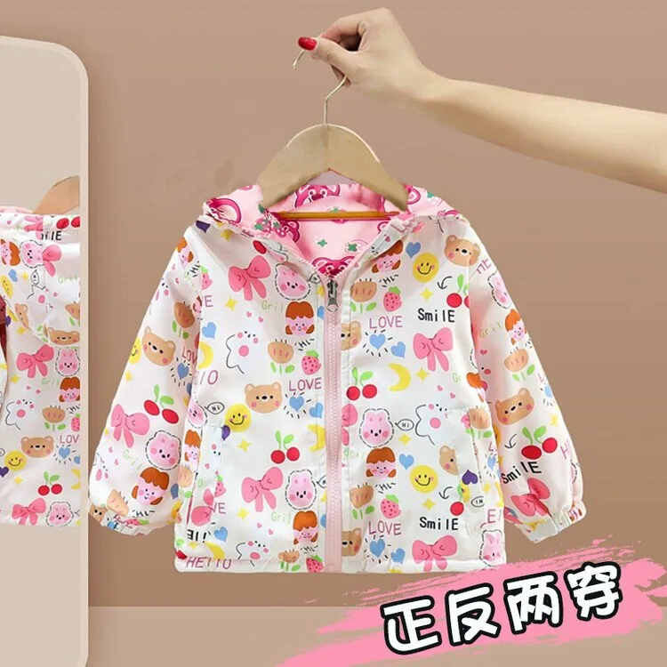 女宝童装外套上衣春秋薄款夹克休闲韩版连帽外套冲锋衣可爱印花