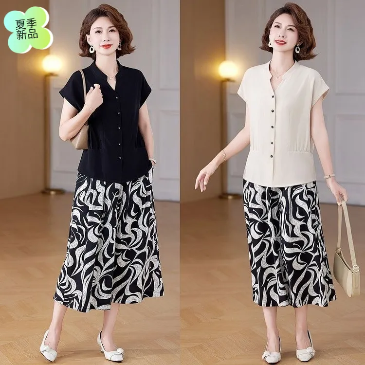 夏季气质中年妈妈装时尚休闲简约套装宽松短袖上衣阔腿裤女两件套