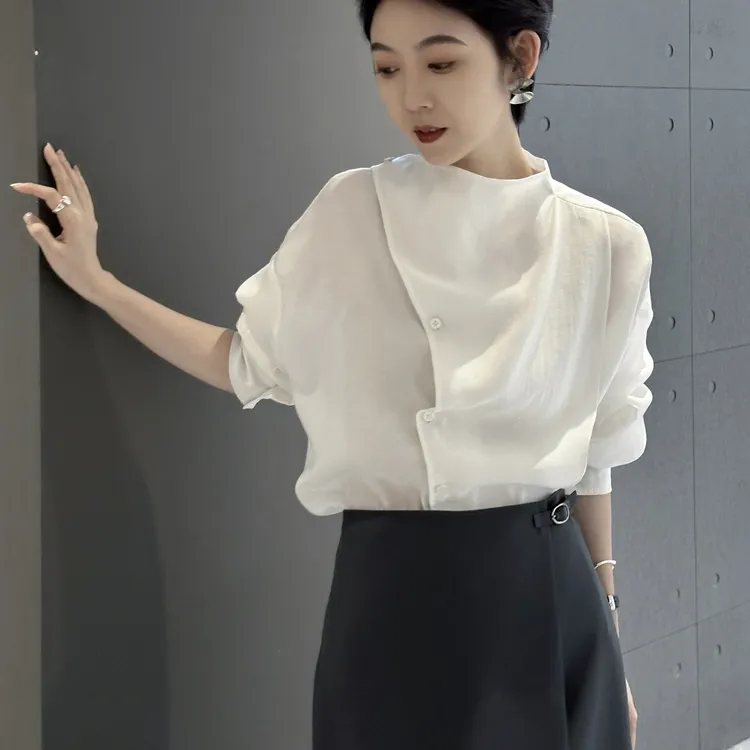  法式不规则立领长袖衬衫女款2025秋季新款独特别致显瘦防晒上衣