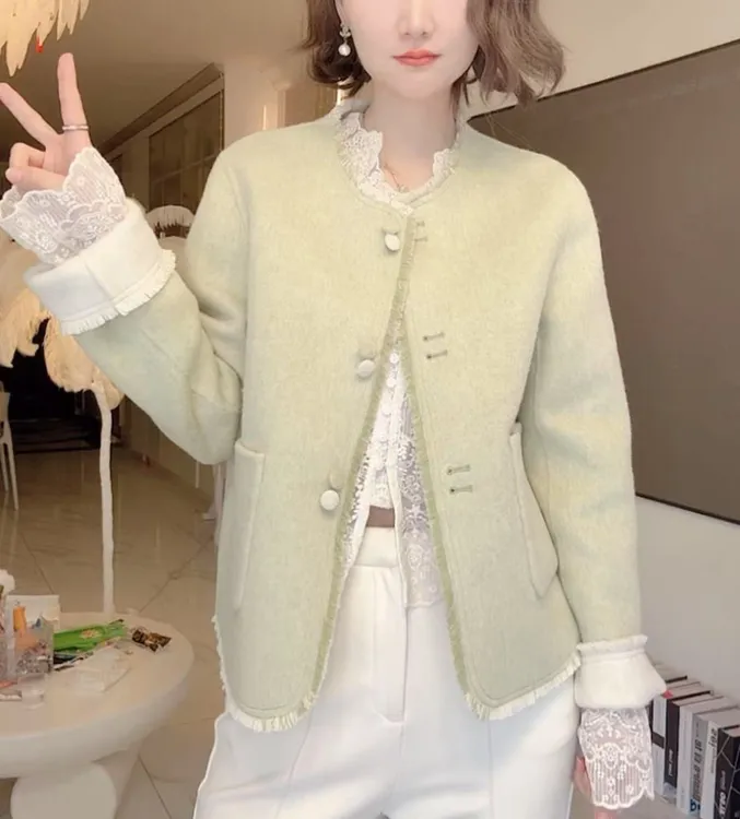 2025圆领两面穿羊毛外套~小个子新款韩系减龄双面羊毛大衣女百搭