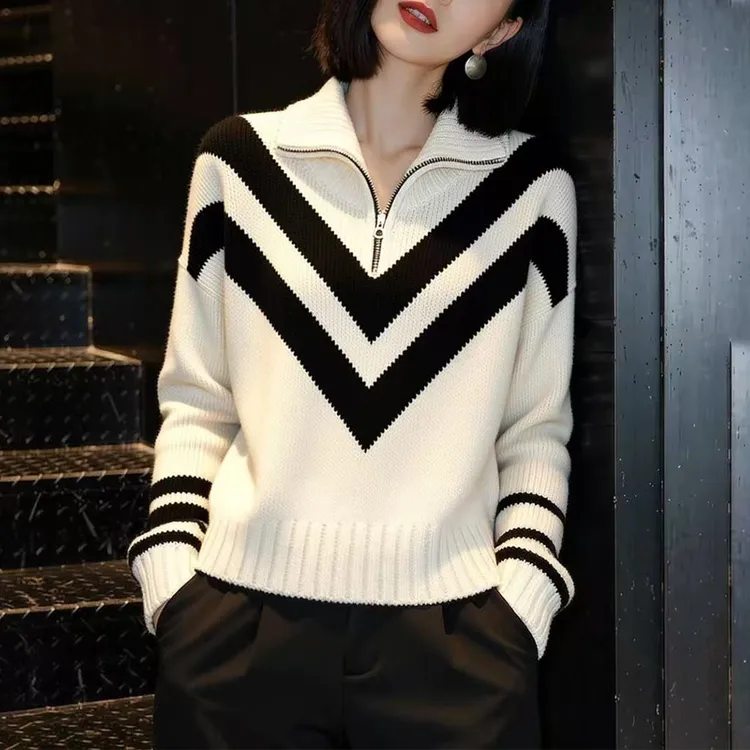 翻领套头毛衣女秋冬慵懒高级感减龄宽松显瘦半拉链内搭针织衫上衣