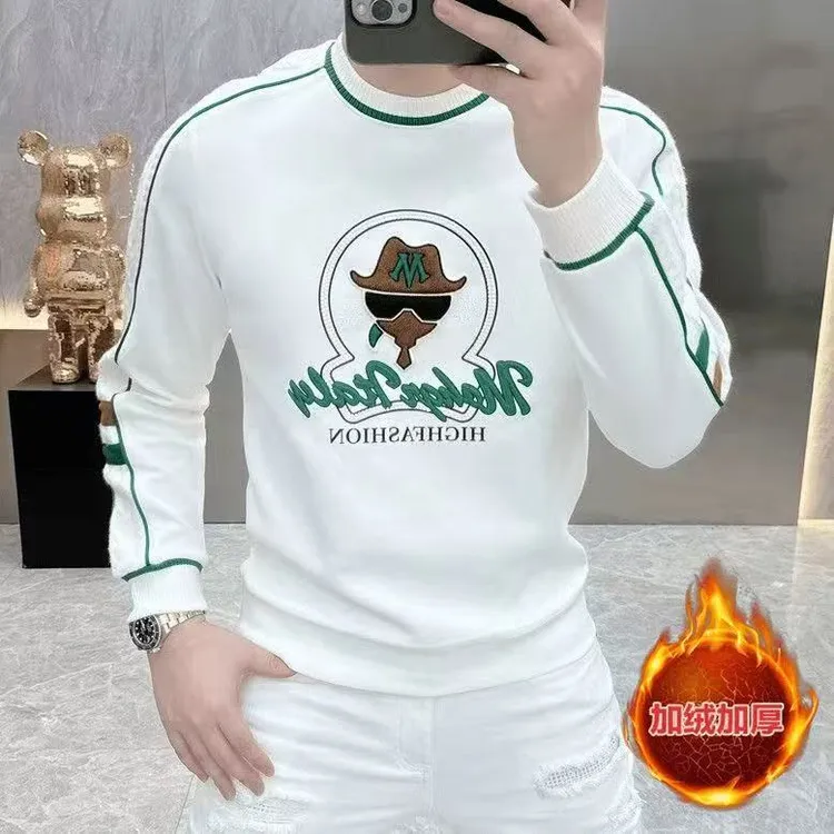 高档欧货印花拼接加绒加厚卫衣男士秋冬款时尚圆领打底衫体恤男装