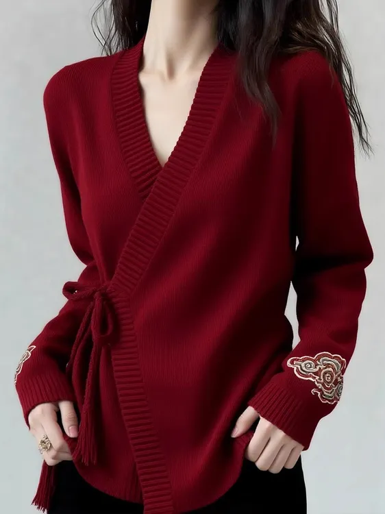 慵懒风新中式长袖针织开衫女秋冬新款气质显瘦v领洋气百搭上衣女