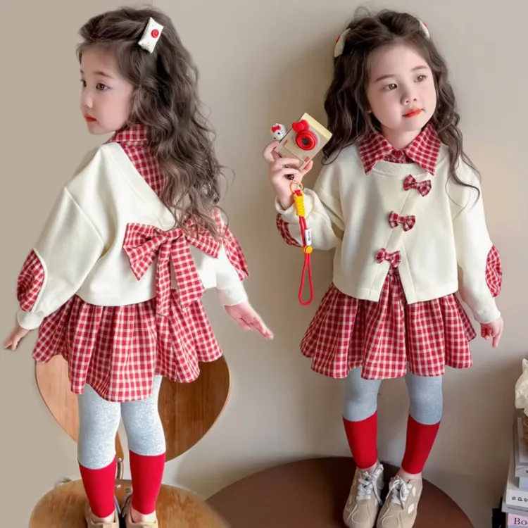 【学院风】女童洋气套装韩儿童版蝴蝶结格子卫衣裙打底裤两件套