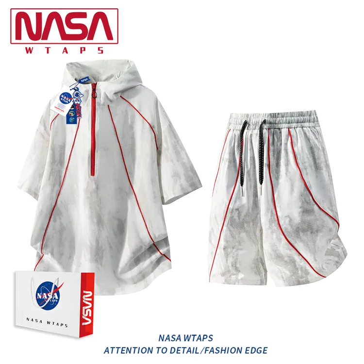 NASA WTAPS肌理感连帽短袖套装男夏季半拉链t恤运动短裤两件套潮
