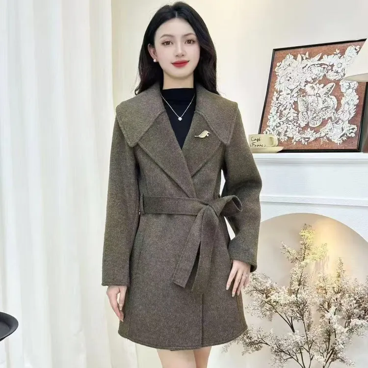 中长款海军领秋冬羊毛外套千金翻领羊毛大衣设计师韩版修身版女装