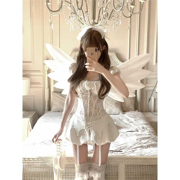 (小李包专属）天使后花园 缎面蕾丝拼接鱼骨上衣+绑带花苞裤 