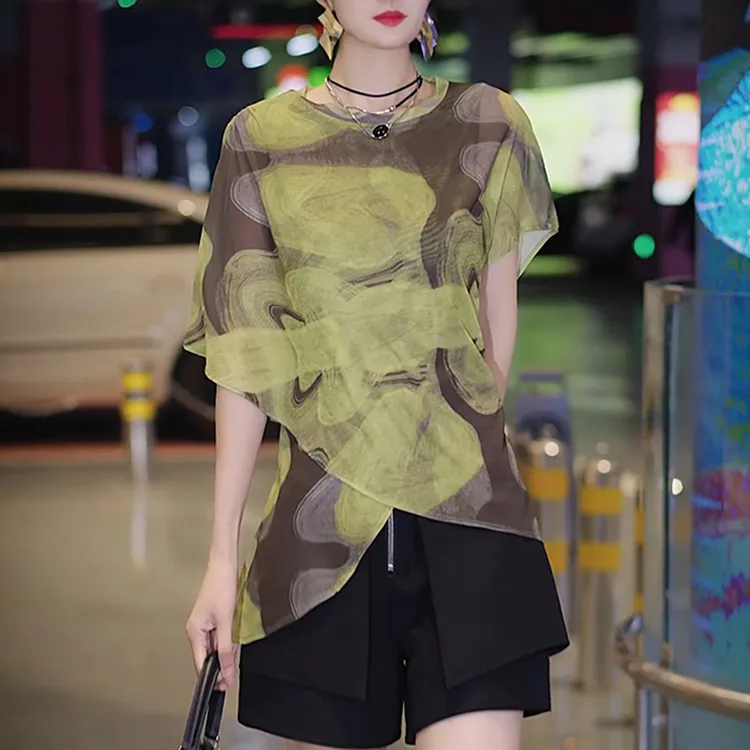 韩版印花洋气独特花纹T恤高级感女轻薄宽松显白设计感上衣夏季女