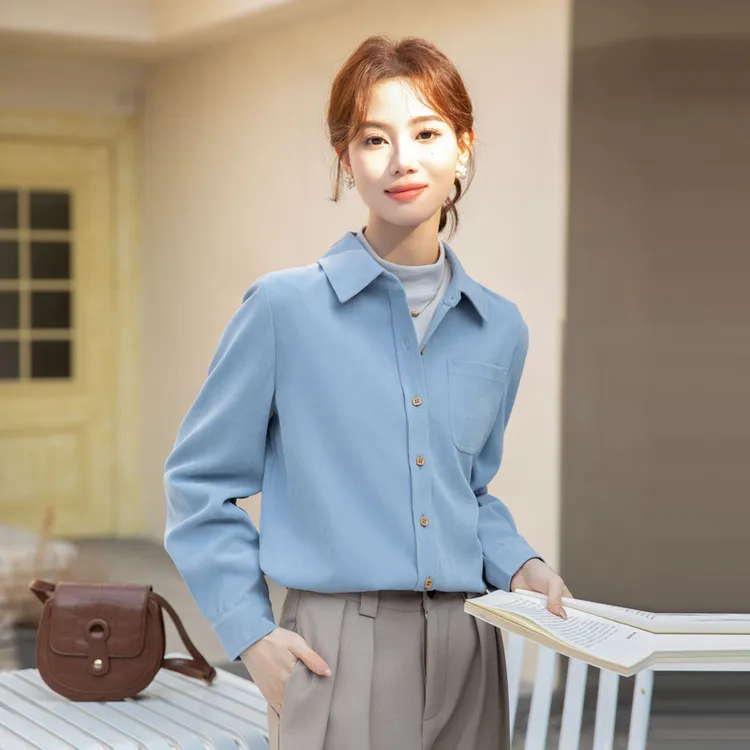 2025秋季长袖法式衬衫复古职业女装纯色气质通勤衬衣漂亮上衣3826