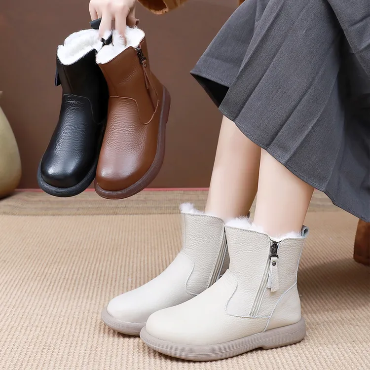 真皮皮毛一体平底短靴头层牛皮加厚保暖雪地靴软面软底妈妈鞋棉鞋