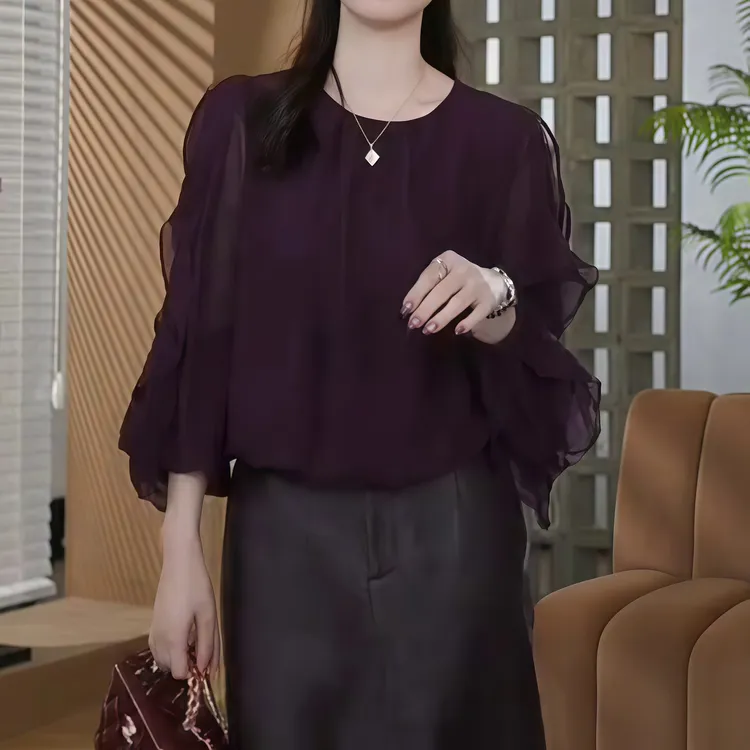 2025秋冬新款法式简约荷叶边拼接宽松休闲百搭显瘦长袖打底衫上衣