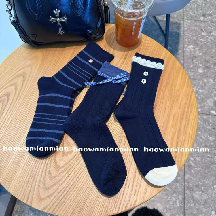 氛围感秋冬搭乐福鞋减龄皇家蓝暮色蓝重工设计款中筒堆堆袜女