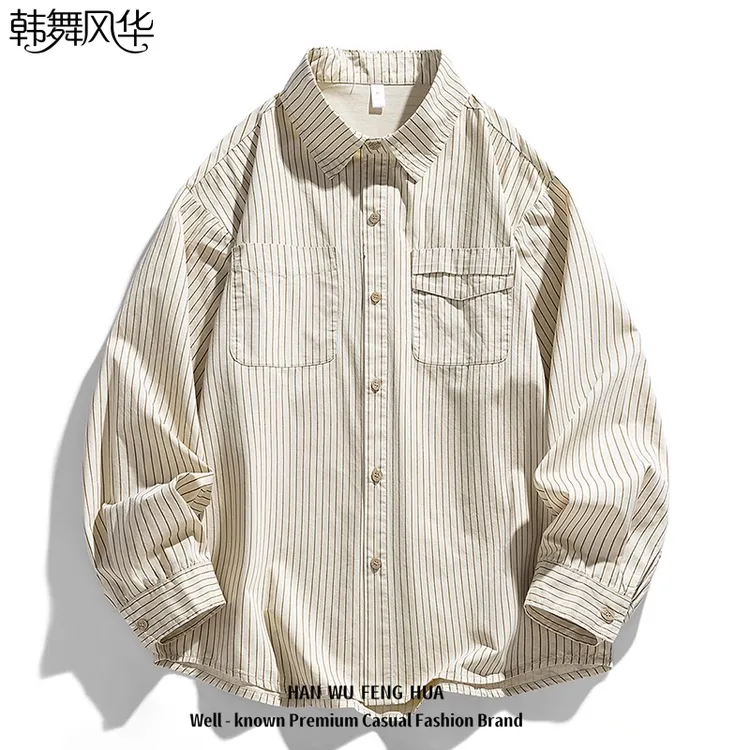 韩舞风华美式复古竖条纹长袖工装衬衫男款秋季休闲宽松衬衣外套
