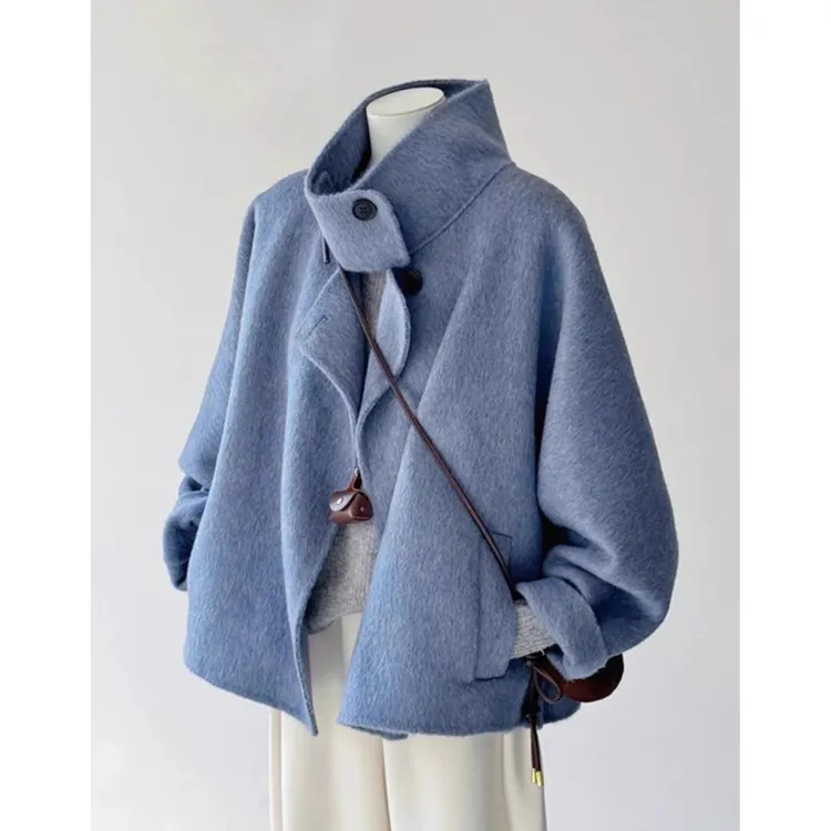 2025秋冬新款高级感蓝色小个子宽松毛呢短款外套女韩系立领大衣潮