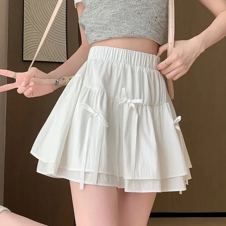 蝴蝶结蓬蓬半身裙女夏季新款白色显瘦高腰防走光a字蛋糕短裙子