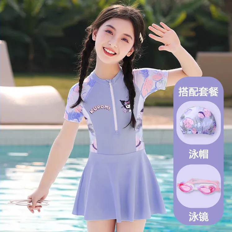 库洛米女童泳衣夏装2025新款女孩一体式泳衣防晒泡温泉童裙游泳衣