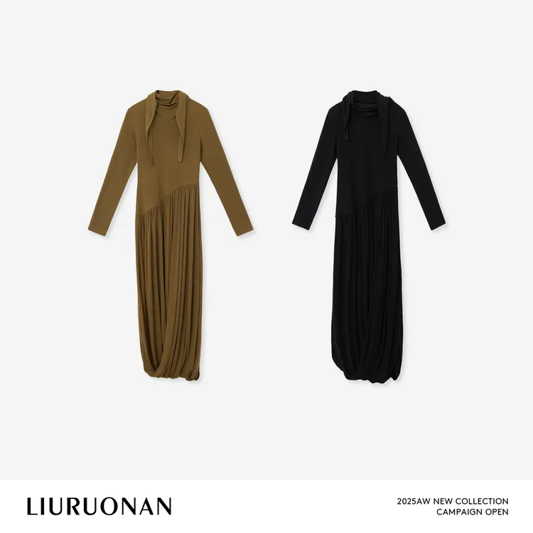 LIURUONAN 25FL 气质堆堆领飘带设计百褶拼接连衣裙秋冬