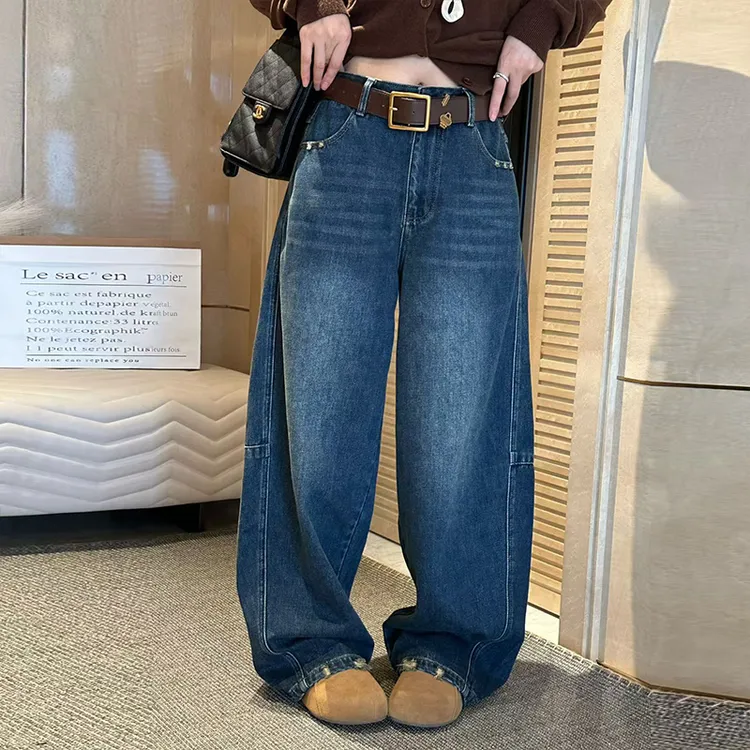 弯刀加厚牛仔裤女欧货年新款高腰显瘦宽松休闲直筒阔腿拖地裤裤子