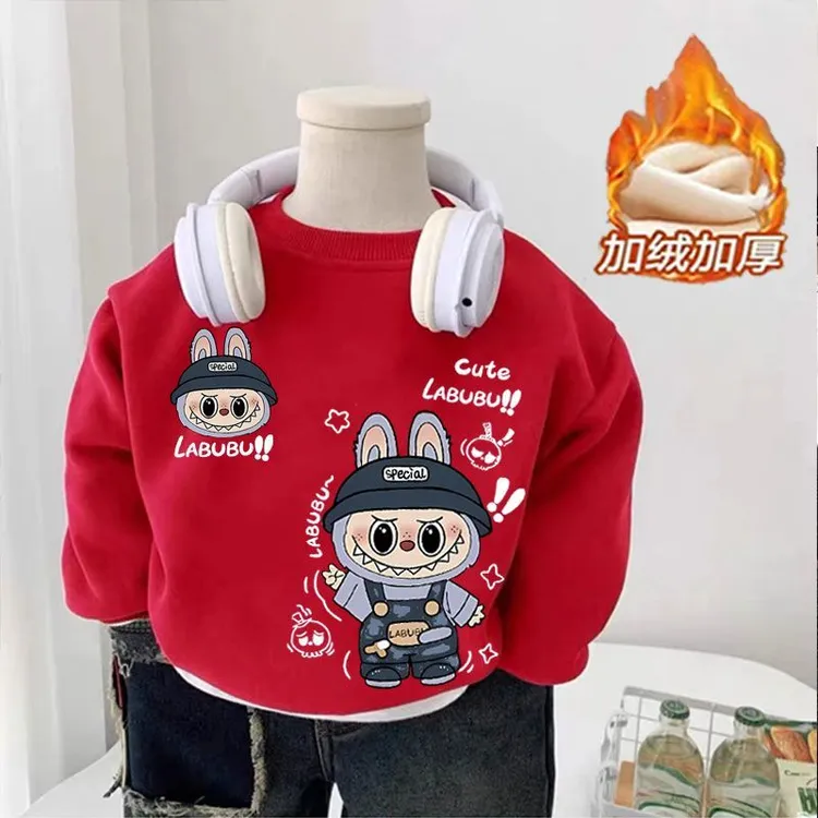 拉布布儿童秋冬新年加绒卫衣男女童新款喜庆马年保暖春节红色上衣