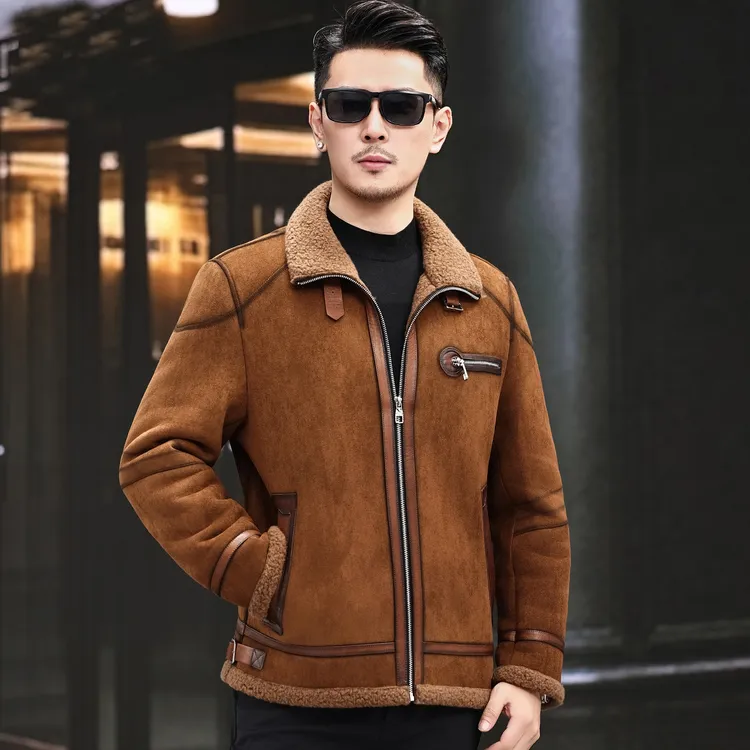 冬季高端男士时尚短款皮毛一体大衣羊羔毛麂皮绒夹克加绒加厚外套